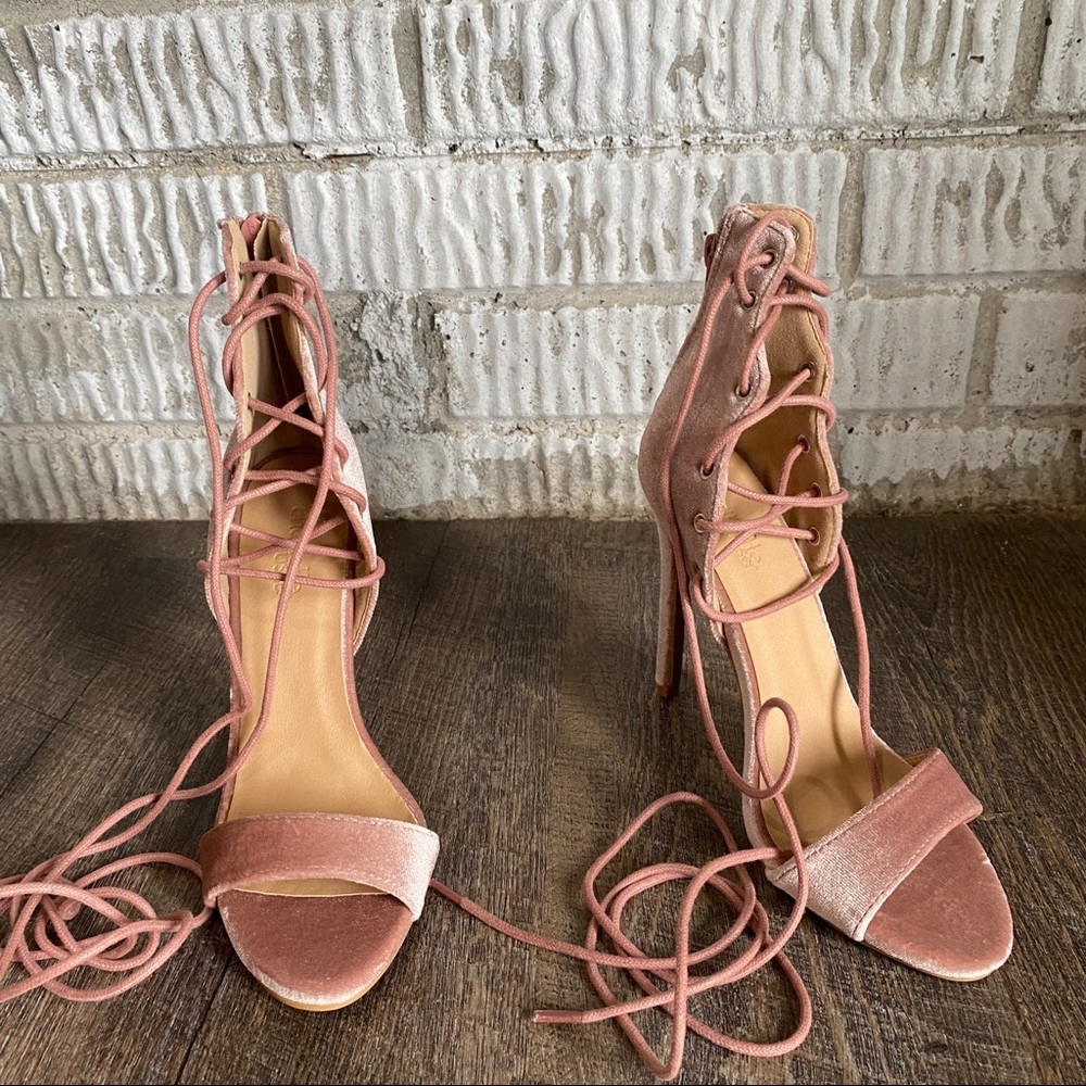 Charlotte Russe Pink Velvet Lace Up Heels